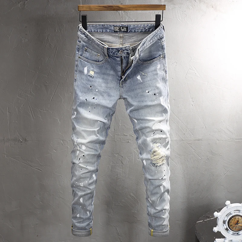 Street Fashion Men Jeans Retro Light Blue Elastic Stretch Slim Fit Ripped Jeans Men Painted Designer Hip Hop Denim Pants Hombre