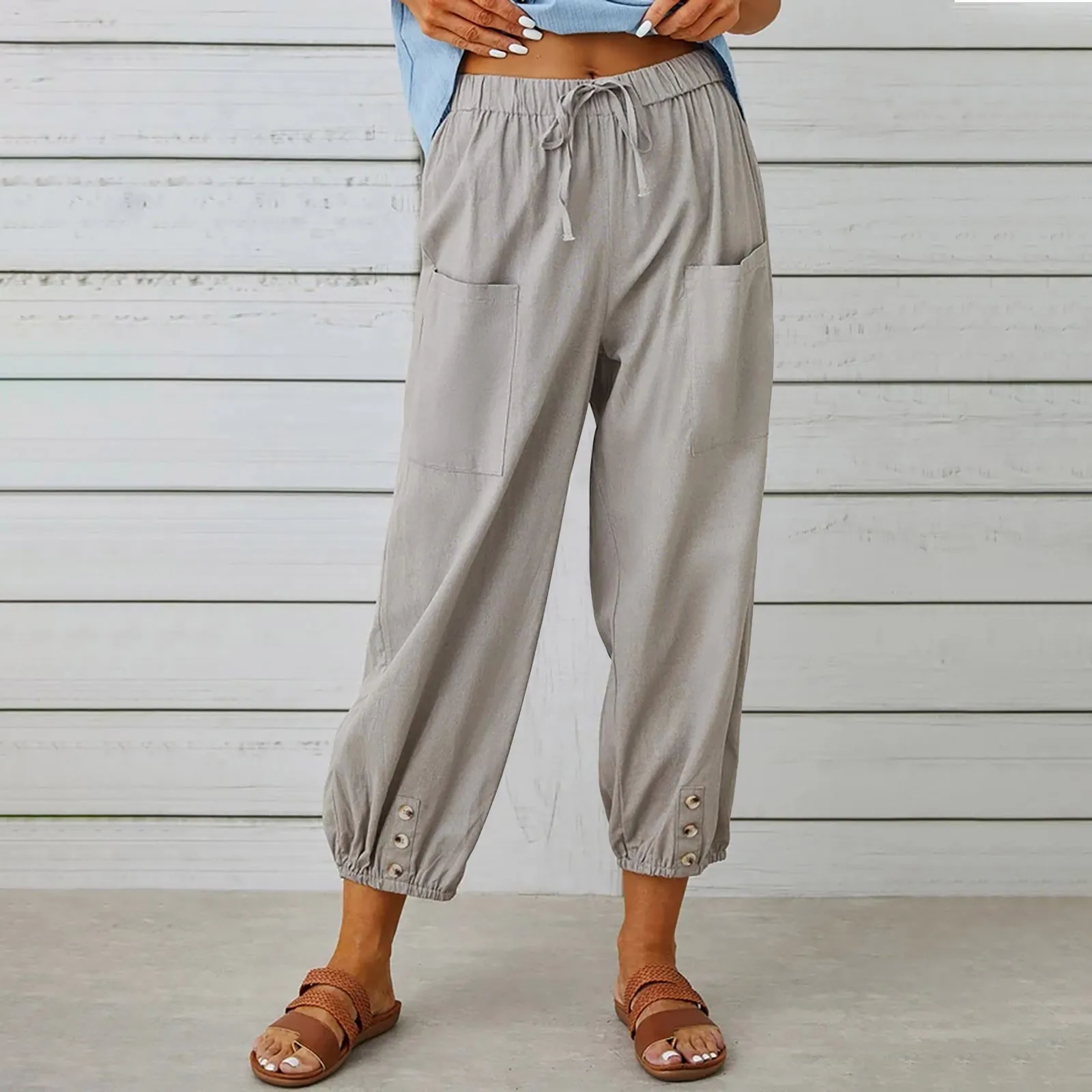 

Summer Style High-Waisted Loose-Fit Pants Women'S Casual Cropped Pants Cotton Linen Material Comfortable Breathable Loose Pants