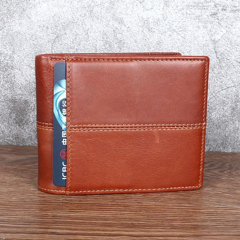 Small Mens Wallet Top Layer Cowhide Leather Bifold Card Holder Short Wallet with Zipper Coin Pocket Retro Horizontal Billfold