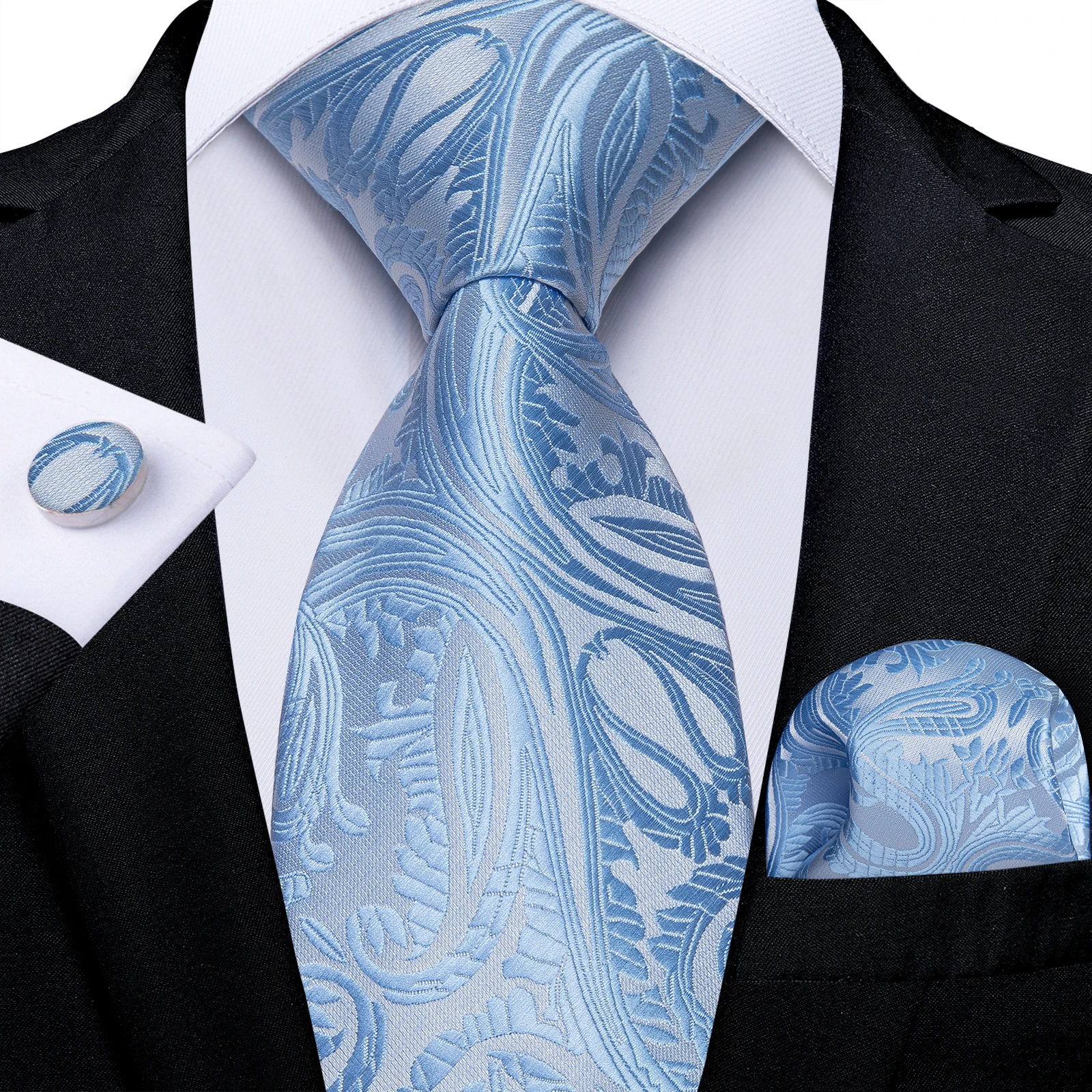 Light Blue Men's Paisley Floral Tie Set with Handkerchief and Cufflinks - Formal Wedding Party Accessories Gift