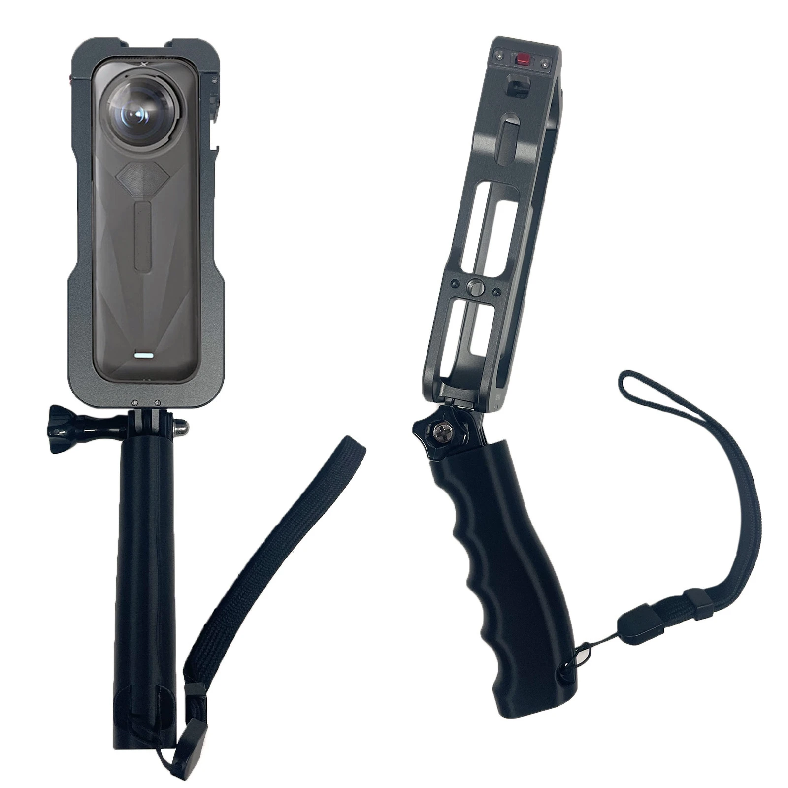 Poignée Selfie Trépied dépliée en mode trépied, stabilisateur 3 griffes pour caméra sport au sommet