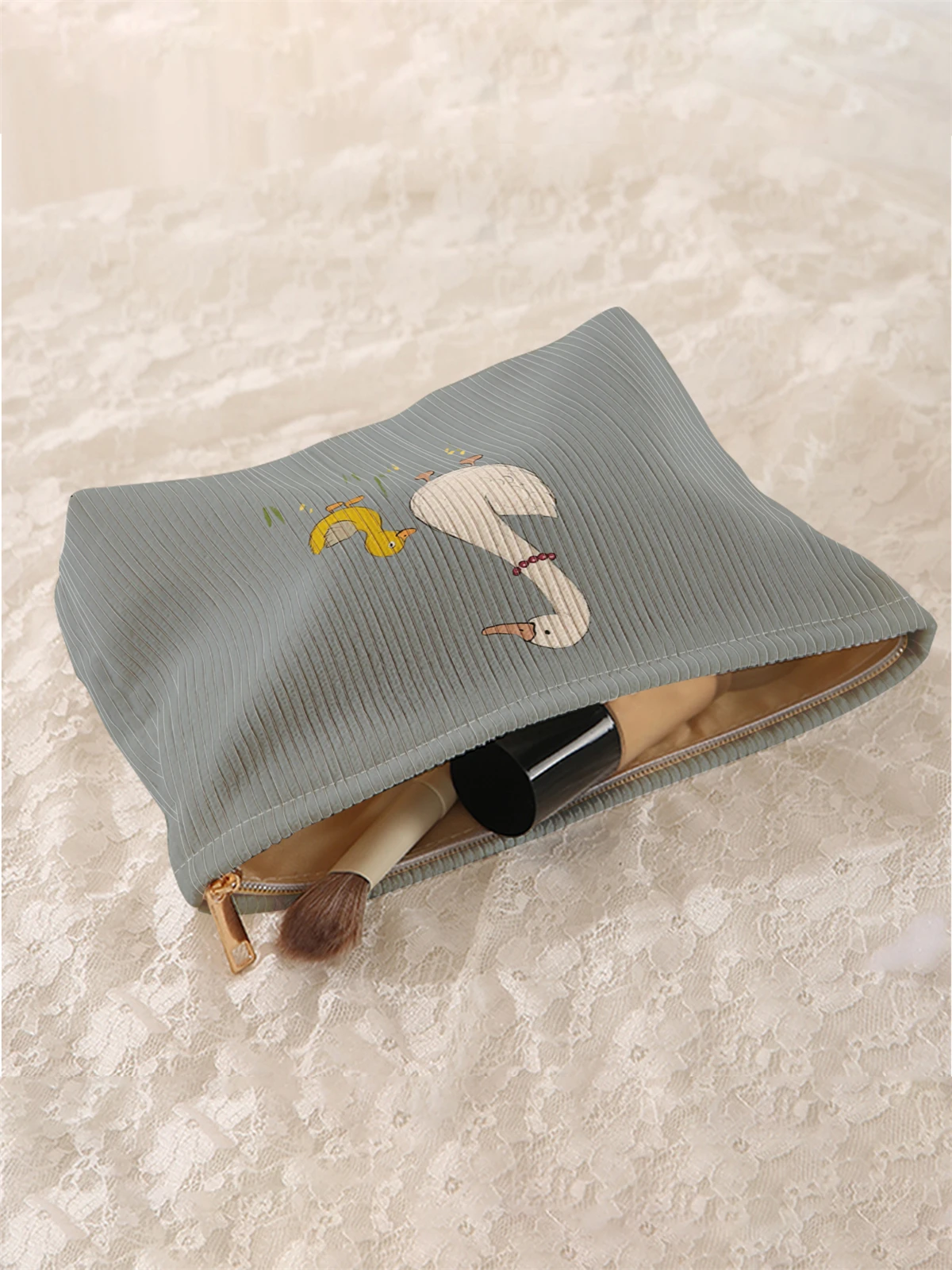 1pc duck pattern printed corduroy makeup bag, lightweight zipper makeup storage box, multifunctional bag with lining