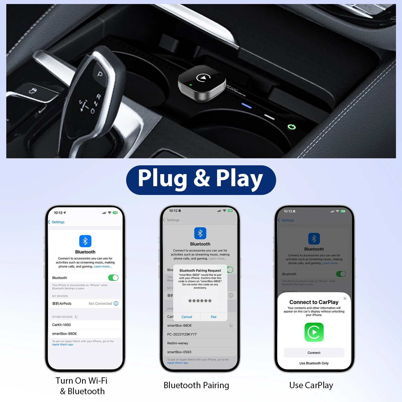2 IN 1 Wireless Carplay Adapter, Converts Wired to Wireless carplay Adapter for iPhone, Wireless Control Plug & Play Carplay 6