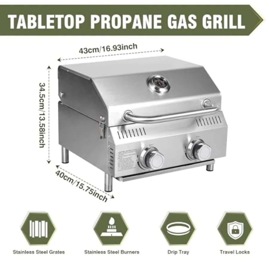 2-Burner Portable Propane Grill – Stainless Steel Tabletop BBQ 5
