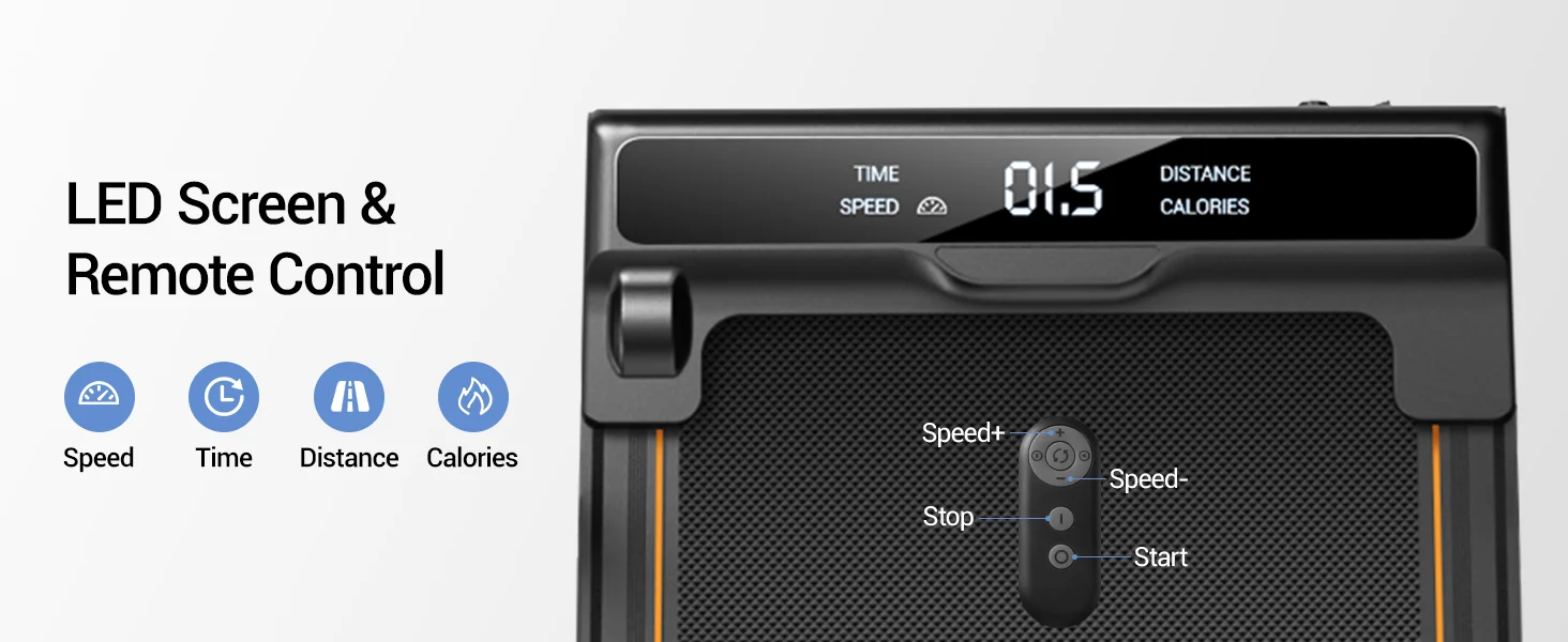 Der Text lautet „LED-Bildschirm und Fernbedienung“. Produktschnittstelle mit digitalem Bildschirm mit verschiedenen Bedienelementen und Einstellungen für Trainingsgeräte.