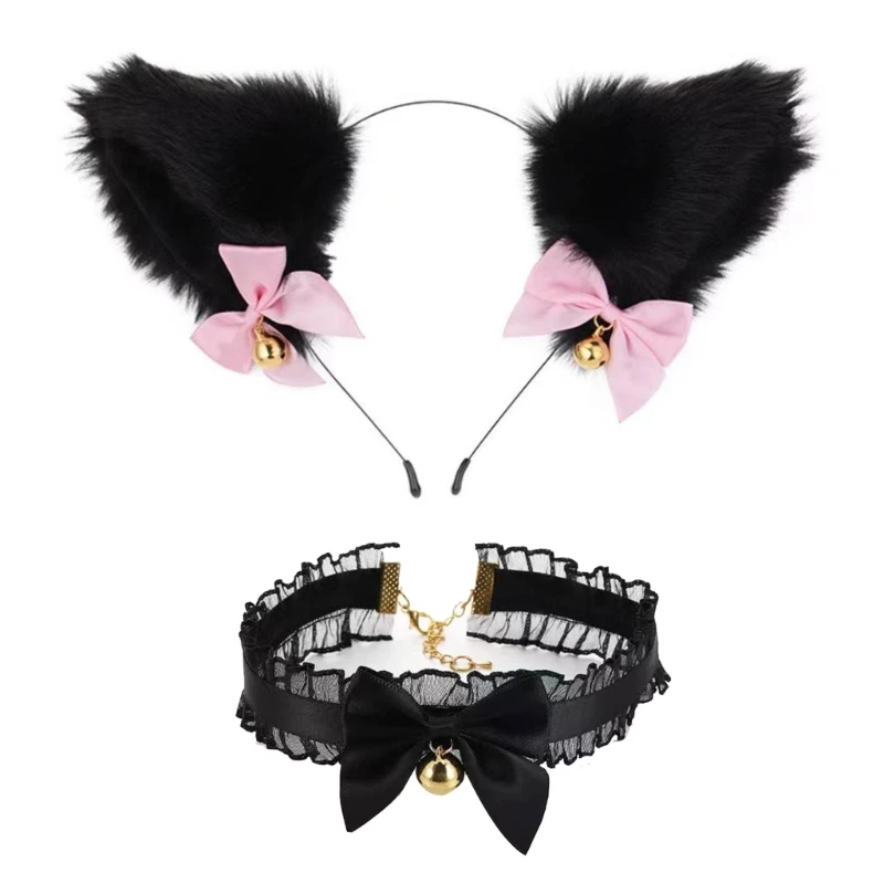 

2Pcs Faux Fur Cats Foxes Ears Headband with Choker Set Foxes/Cats Ears Sweet Lace Choker Set Halloween Cosplay Props