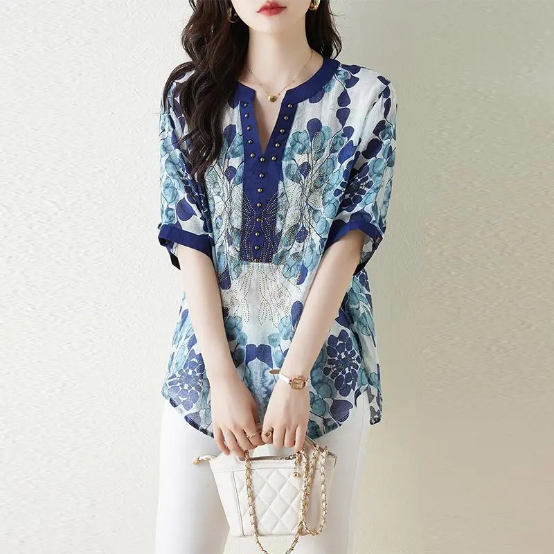 Temperament Printed Summer Short Sleeved Women's V-neck Diamonds Patchwork Elegant Versatile Mid Length Loose Fitting Shirt Tops