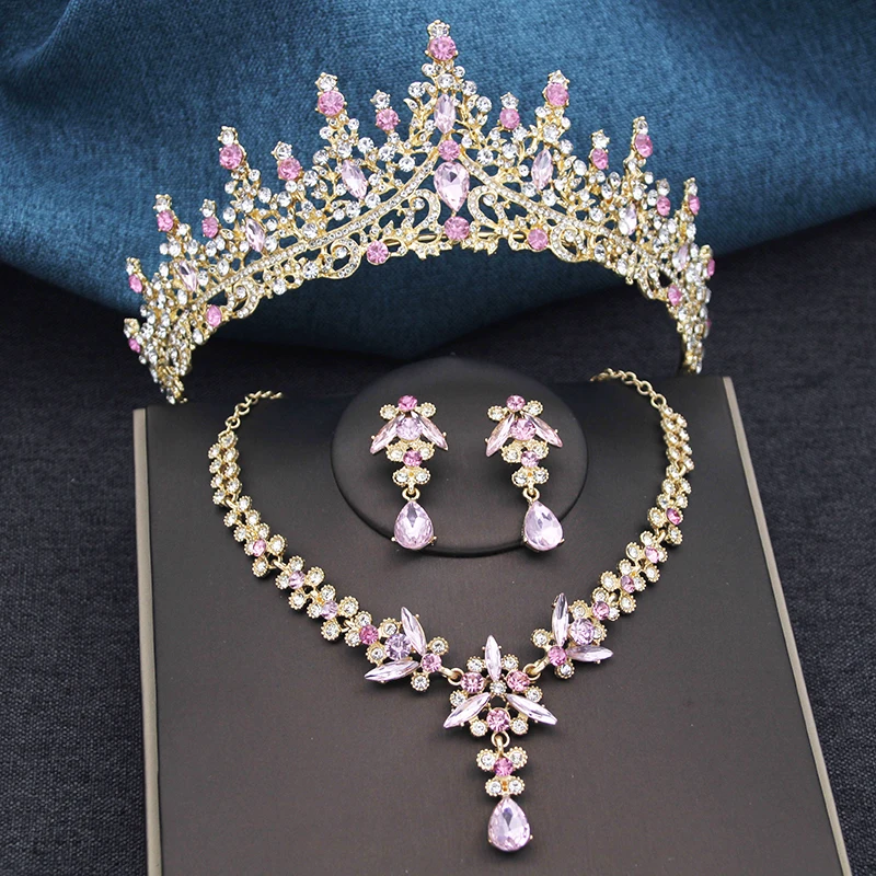 Silver Color Opal Blue Wedding Crown Jewelry sets Tiaras and Earrings necklace set For Women Princess Girls Prom Gifts