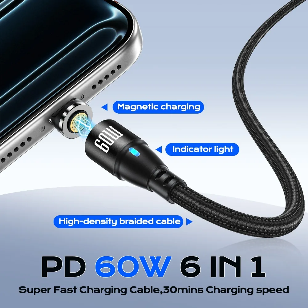 AUFU 9핀 USB C 마그네틱 충전 케이블 PD 60W 고속 충전 USBC to Type C 마이크로 마그네틱 데이터 케이블 (아이폰17, 16, 삼성 S24용)