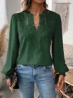 Womens Long Sleeve Sweaters Fall 2024 Trendy Sexy Lace V Neck Puff Sleeve Pullover Sweater Cute Tops - Image 6