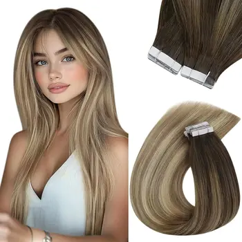 [NEW]VeSunny Tape In Hair Extensions Human Hair Real Natural Hair Balayage Color #4-14-60 Skin Weft Straight Seamless Hair