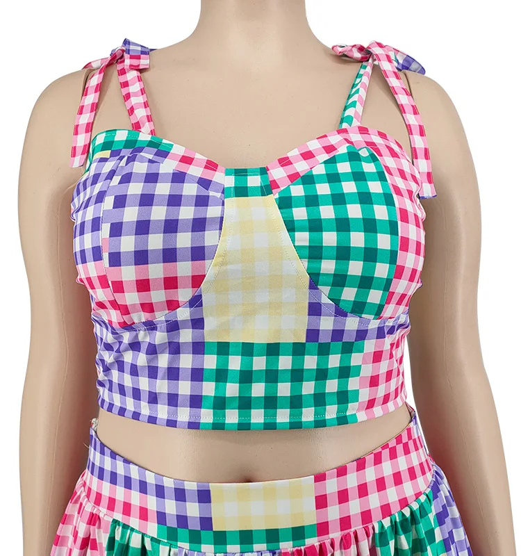 Plus Size Two Piece Dress Plaid Sleeveless Top Casual Loose Dress Korean Style Elegant Outfit 2023 Summer Female Matching Sets
