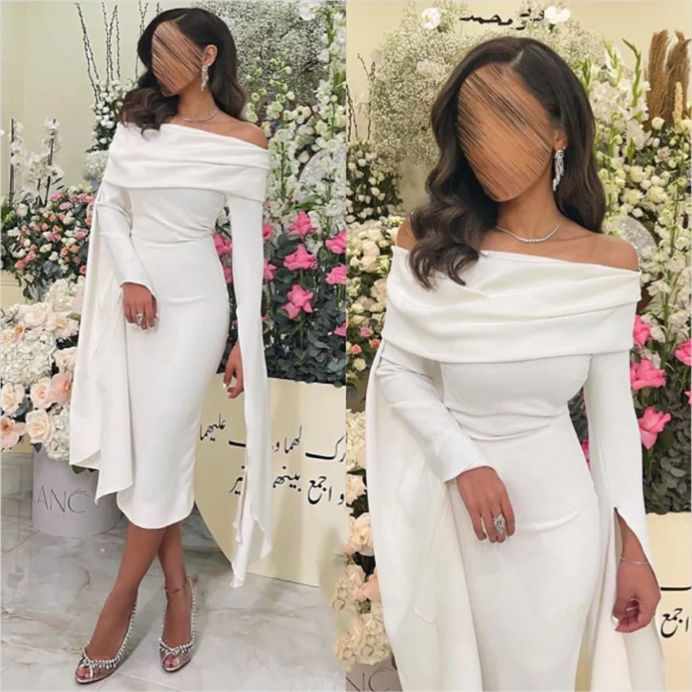 

MULOONG White Strapless Full Sleeve Pleat Mermaid Long Evening Dress Tea Length Elegant Fashion Formal Prom Gown For Woman New
