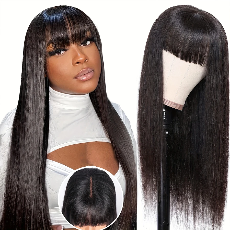 

Bone Straight Human Hair Wigs With Bangs Glueless Wear And Go 3x1 HD Lace Closure Wig 30 Inch Full Machine Made Fringe Bob Wigs