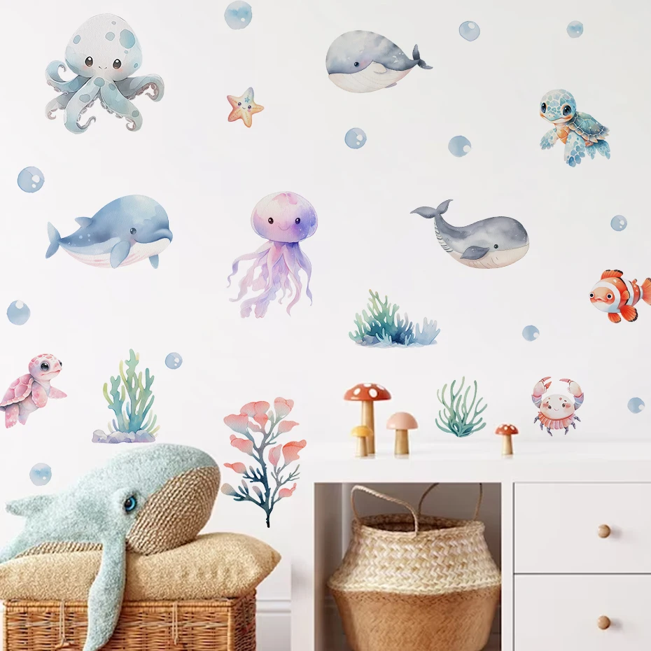 

Watercolor Cartoon Cute Marine Animals Whale Wall Sticker Vinyl Nursery Hand Drawn Kids Boys Girls Room Wall Decal Home Decor