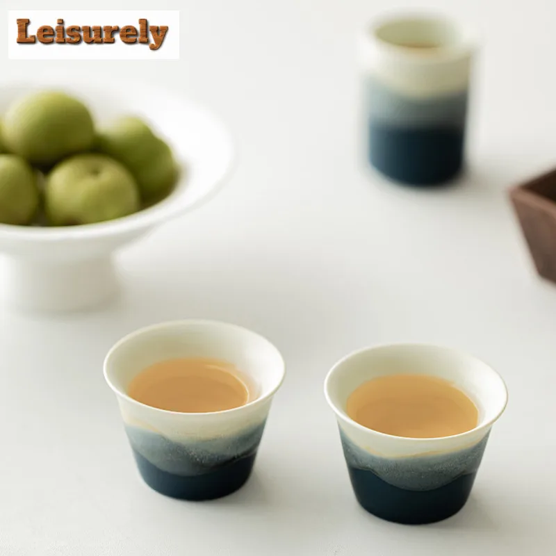 2pc/lot Gradient Mountain And Sea Ceramic Teacup Reverse Mouth Tea Bowl Tasting Tea Straight Cup Master Cup Mugs Kung Fu Teaset