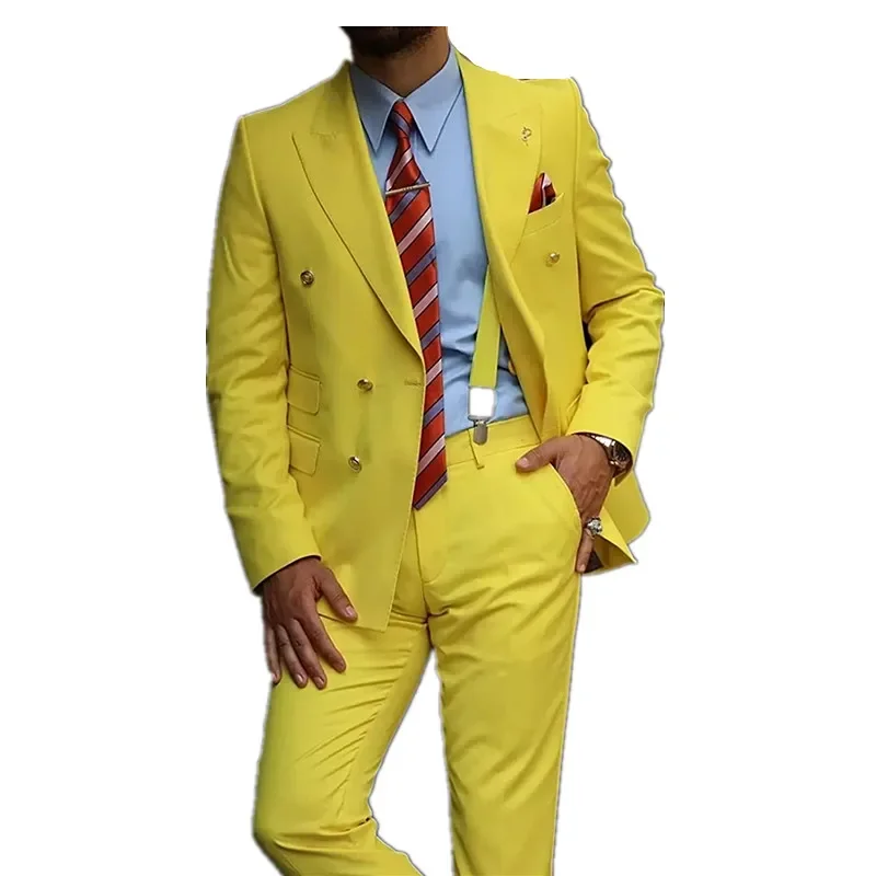 Double Breasted Yellow Man Suit terno masculino Peak Lapel Slim Fit Casual Groom Tuxedos Wedding Costume Jacket Pants