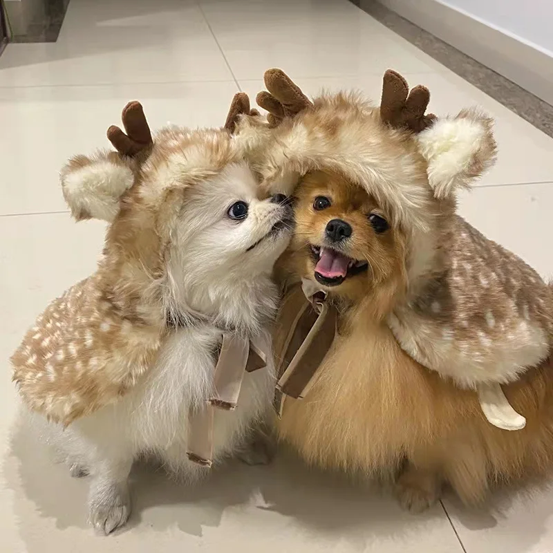

The Four Seasons Christmas Pet Costume Brown Polka Dot Elk Cape Cape Warm Teddy Dog And Cat Clothes Turned Into Hat Accessories