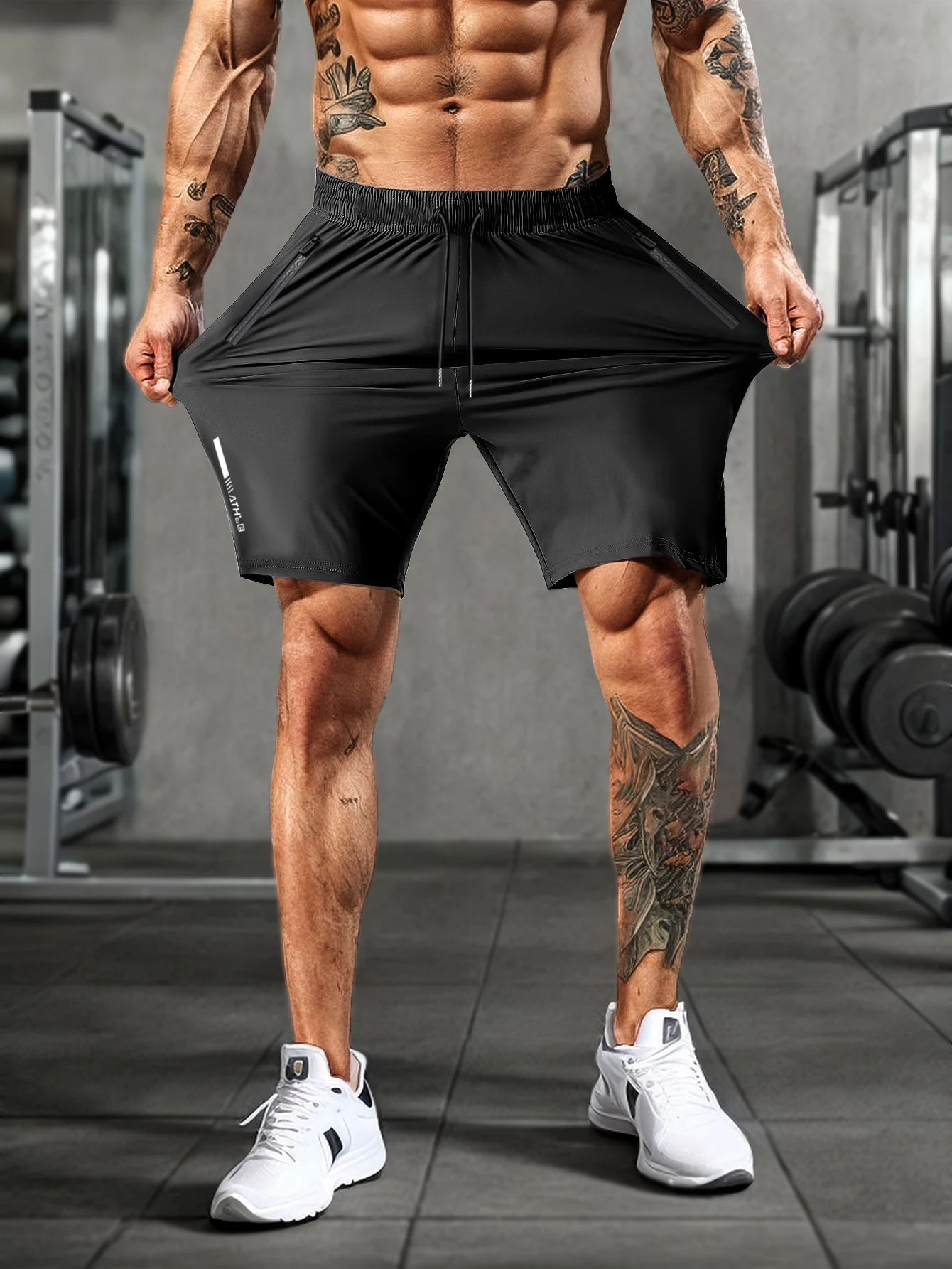 Compression Shorts Sports Shorts Men Solid Color Elastic Waist Zipper Pockets Drawstring