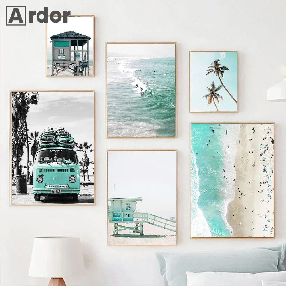 Beach Waves Alberi Di Cocco Gabbiani Canvas Painting Summer Seascape Poster E Stampe Wall Art Pictures Living Room Home Decor