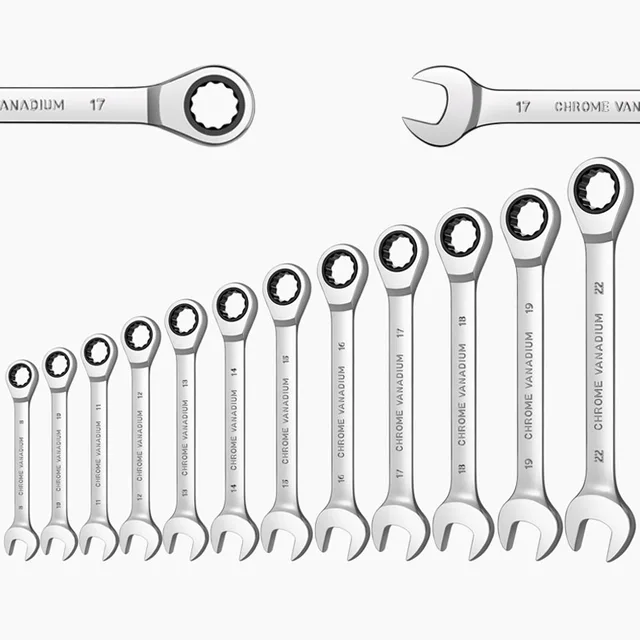 Ratcheting Wrench Set Metric and Standard 12-Point Box End Combination Spanner Gear Wrench Garage Tool Set,CR-V Full Polished 2