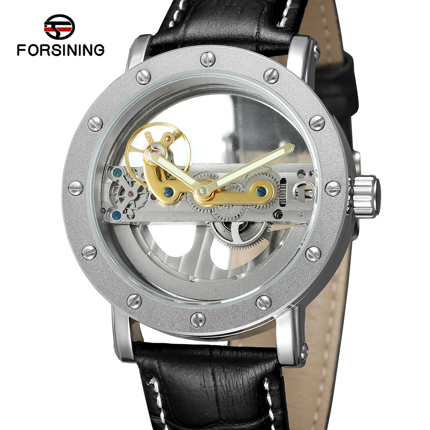 Silver Watch Hollow out round nail scale Mechanical leather strap Wrist watch Men's and women's watches