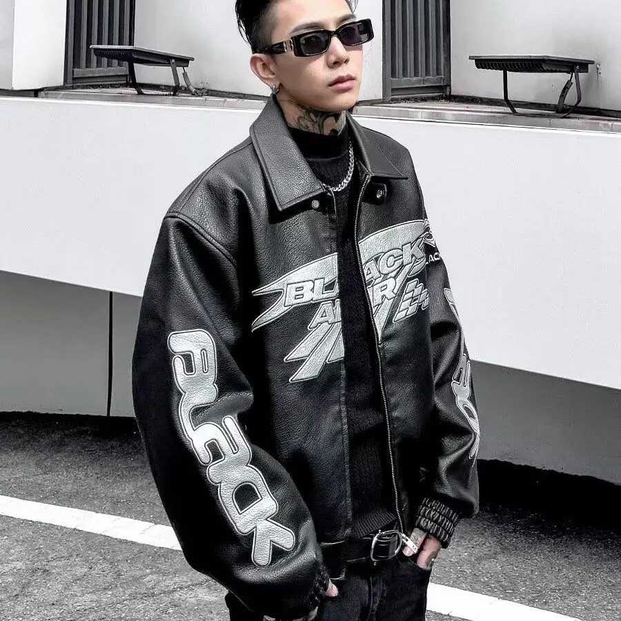 Autumn Winter Punk Coat Embroidery Motorcycle Suit PU Leather Jacket Men's High Street Retro Niche Silhouette Heavyweight Jacket 6