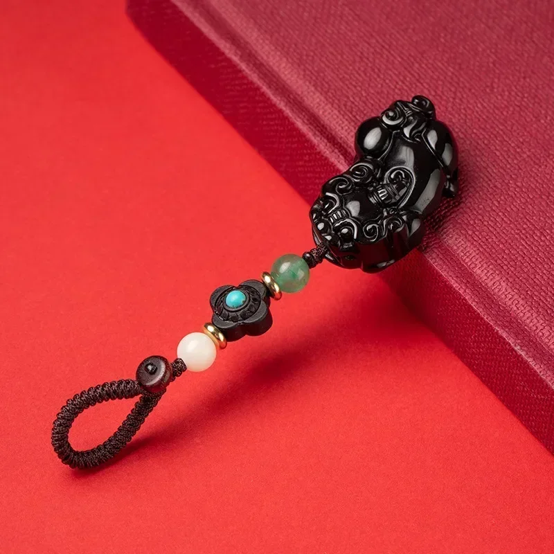 Natural Obsidian Turquoise Pixiu Car Keychain Ethnic Braid Personalized Literature New Chinese Style Auspicious Beast Pendant