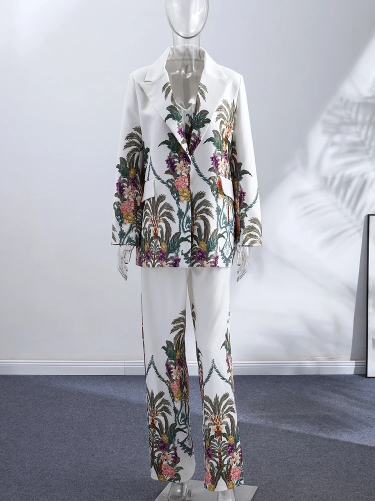 Bedruckte Oversize-Mäntel Korsett-Tops Hosenanzüge Damen Elegante Revers-Jacke mit Langen Ärmeln Weite Hosen Schicke Damen-Outfits – Detail 4