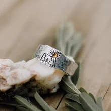 Forest Mountain Sun Nature Landscape Carved Ring for Women Men Mountain Sunset Nature Forest Ring Adjustable Jewelry Dropship