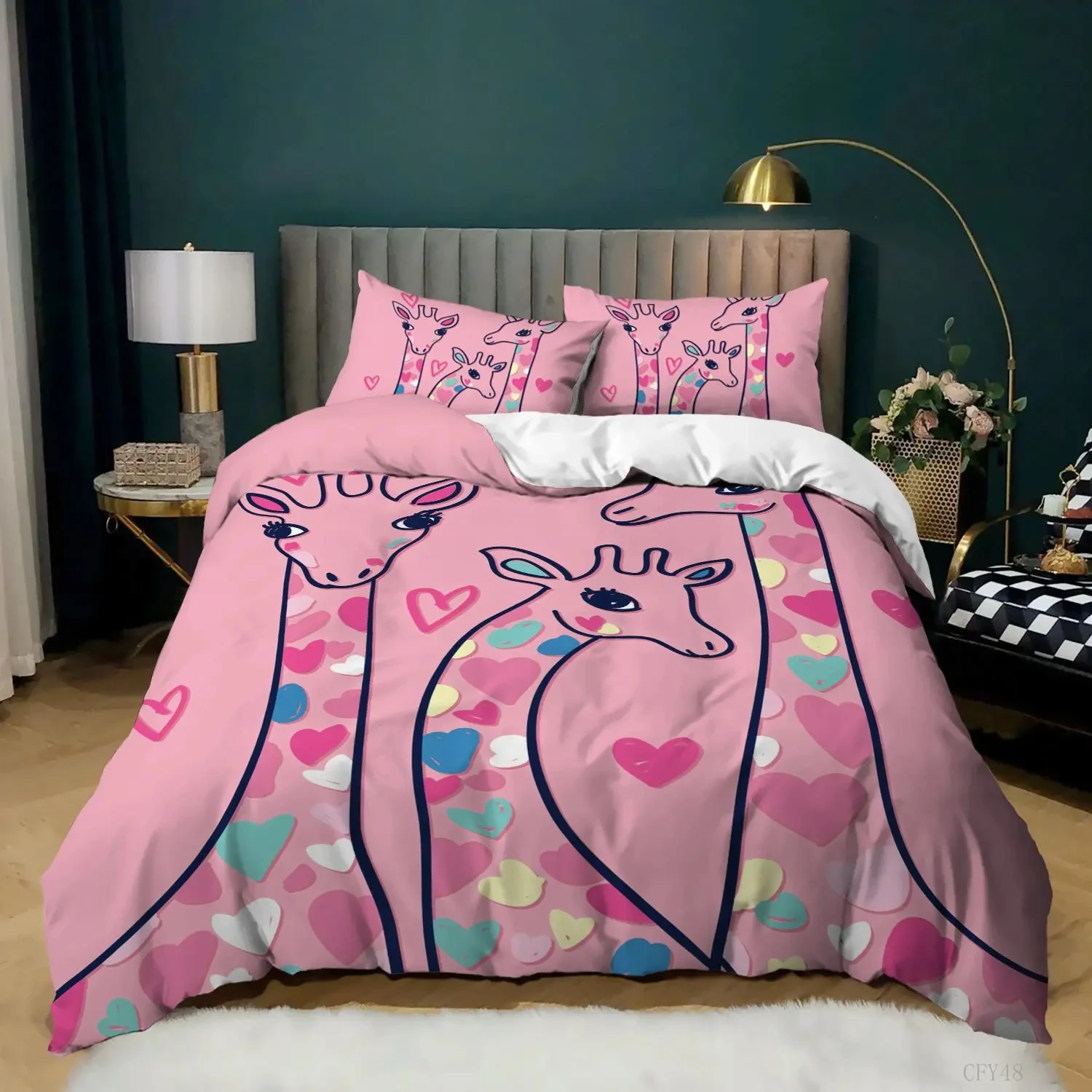 

Комплект постельного белья из 3 предметов с изображением жирафа, розового и белого цвета
