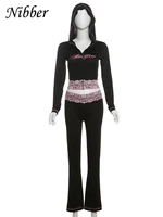 Nibber Lace Patchwork Woman 2 Piece Set Hooded Zip Crop Jacket+Patchwork Flare Pants Matching Streetwear Casual Matching Outfits - Image 6