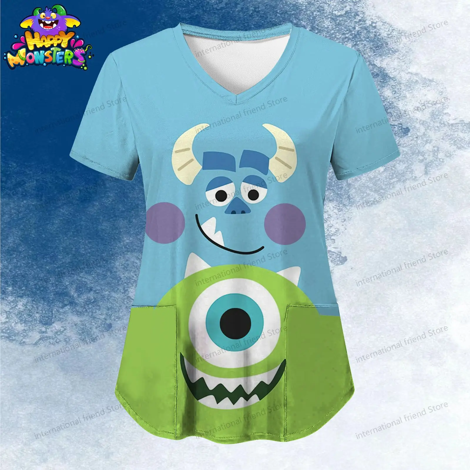 Monsters Pocket Women's V Neck Nurse Uniform T-Shirt Y2k