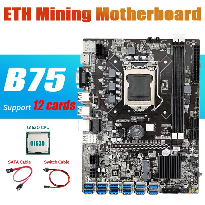 B75 ETH Mining Motherboard 12 PCIE To USB+G1630 CPU+SATA Cable+Switch Cable LGA1155 DDR3 MSATA B75 USB Miner Motherboard motherboard pc