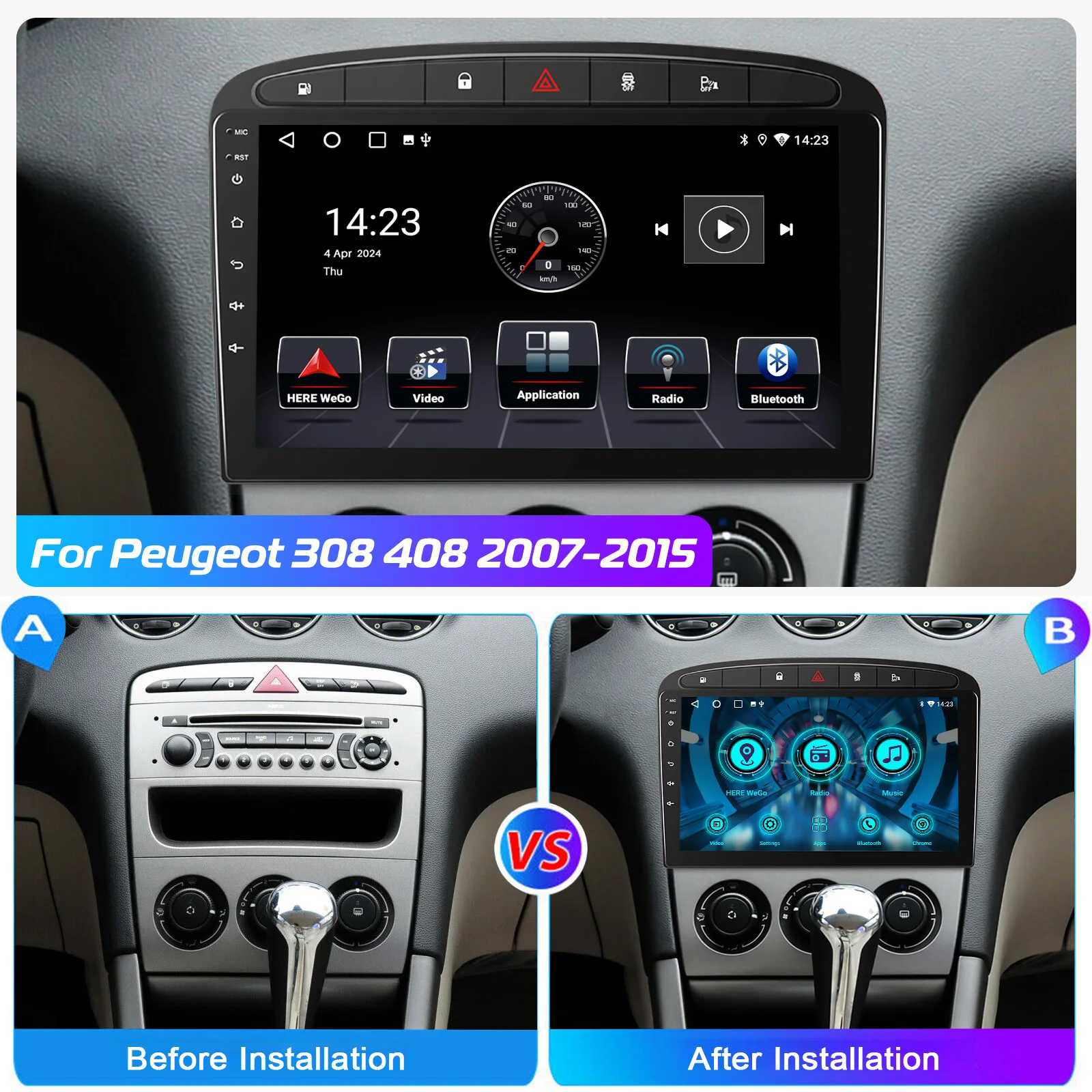 ESSGOO Autoradio Android 15 9" 4+64G / 2+32G für Peugeot 308 408 2007-2015 Wireless CarPlay Android Auto GPS Navigation RDS FM WiFi Bluetooth Mirror Link Touchscreen Lenkradsteuerung – Detail 4