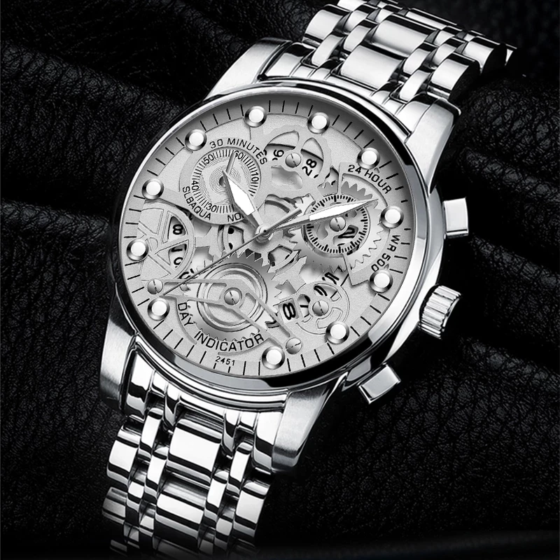 Men's Business Watch Skeleton Design Fashion Mechanical Style Stainless Steel Quartz Movement Calendar Waterproof Men WristWatch