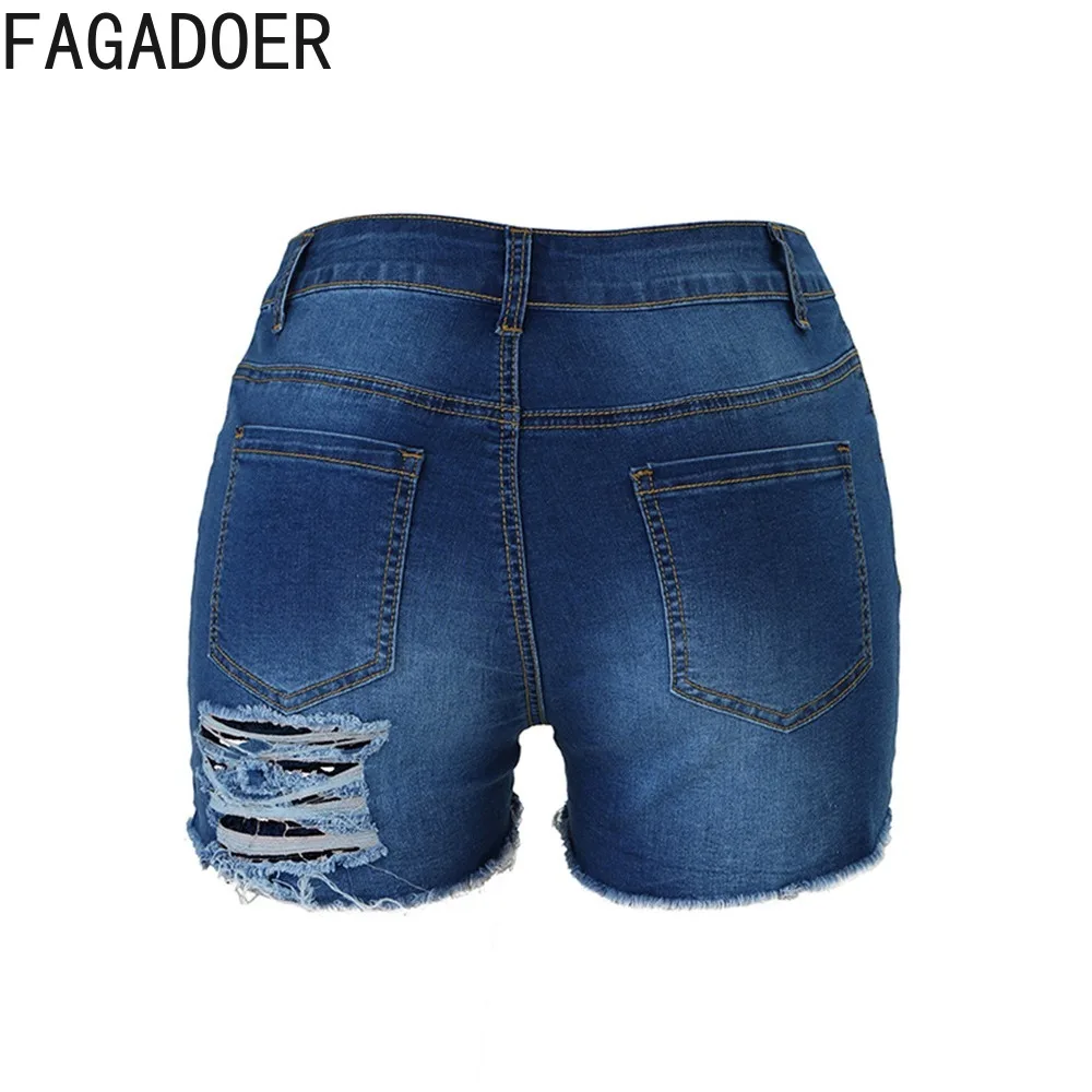 FAGADOER Fashion Denim Hole Slim Shorts Women High Waisted Button Pocket Jean Shorts Summer New Female Matching Cowboy Bottoms