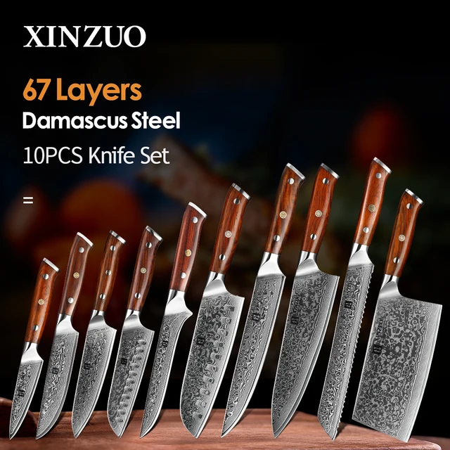 XINZUO 1-10 PCS มีดครัว 67 ชั้นเหล็กดามัสกัส Chef Slicing Utility มีดปอกเปลือกเหล็ก Rosewood Handle มีดโกน SHARP 1