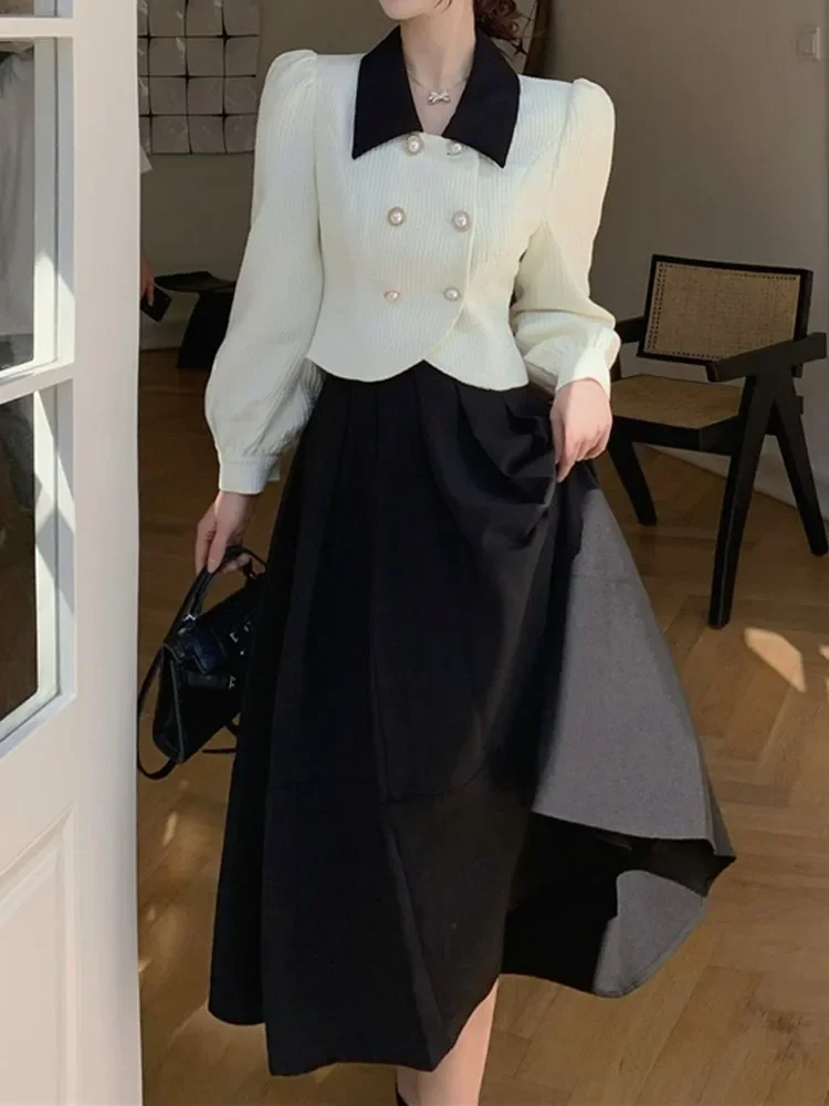 2024 Spring Elegant Two Piece Set Women Casual Slim Korean Coat + Black Pleated Gothic Vintage Midi Skirt Office Lady Skirt Srts