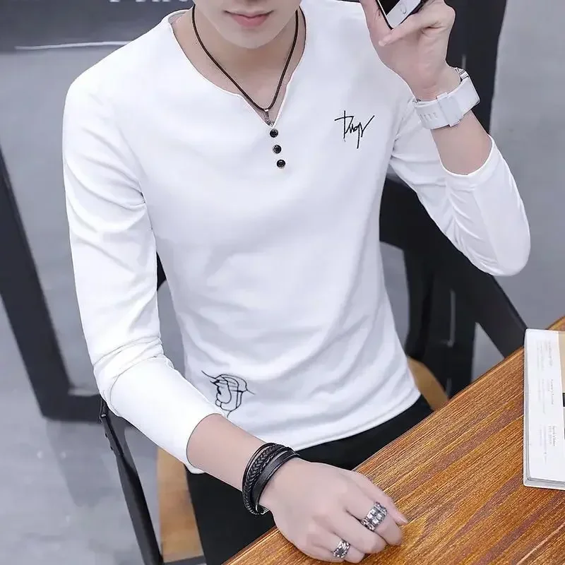 thumbnail image 1 of Ropa para hombre Camiseta estampada con botones y cuello en V para hombre Camiseta de marca alta con citas Harajuku Moda Talla grande XXL Original Casual A, 1 of 5