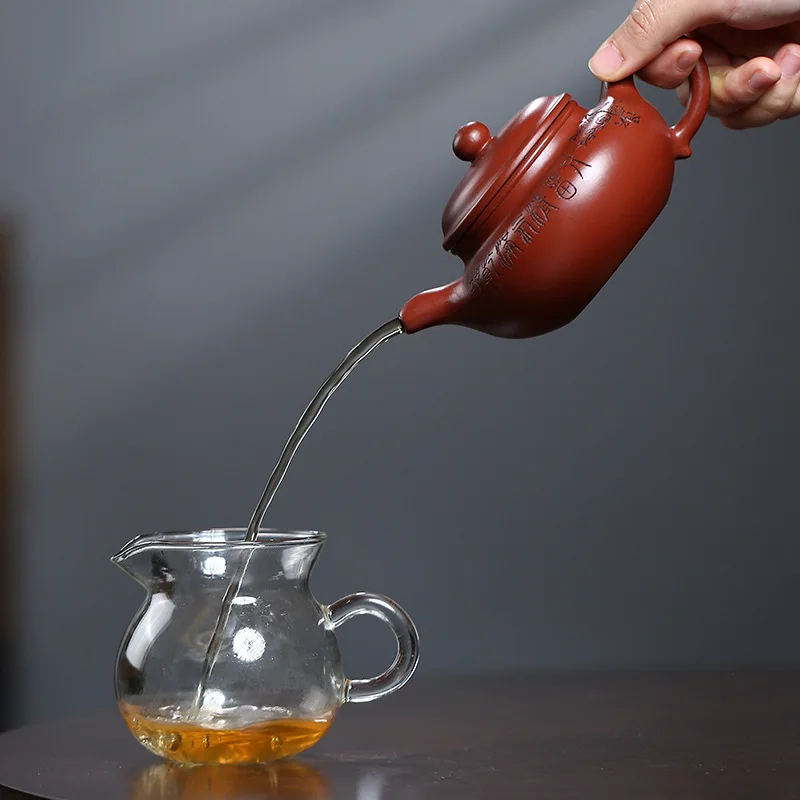 Chinese Style Plum blossom carving Teapot, Purple Clay Raw ore Dahongpao, Kung Fu Household, Pure Handmade, 260ML, Tea Pots, 1Pc