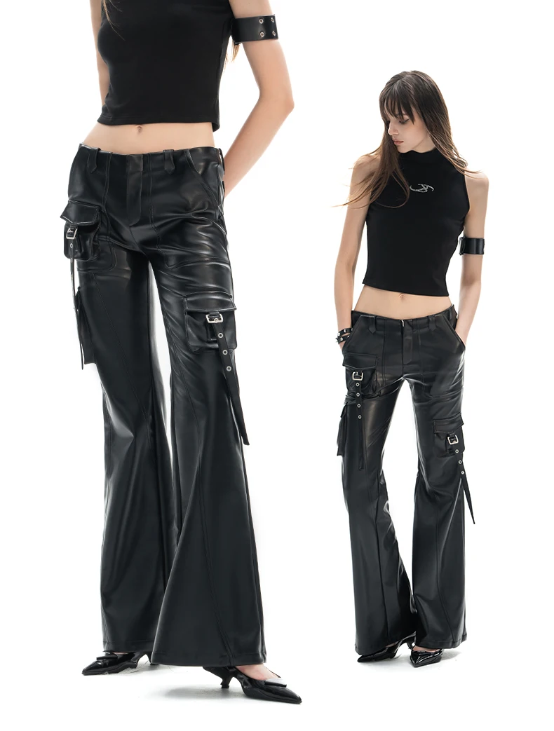 

S-6XL Pu Low Waist Flared Pants Asymmetric Pocket Straight Wide Leg Casual Leather Pants For Women Cargo Trousers Female Clothes