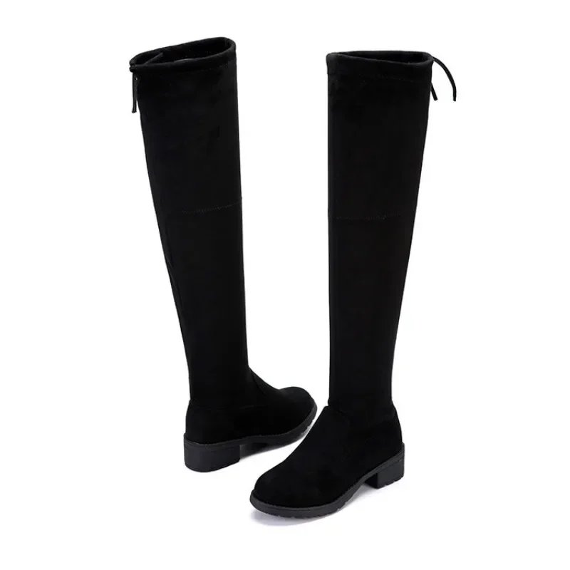 Women Boots Winter Black Over The Knee Boots New Comfort Lace Up Chunky High Heels Shoes Fashion Warm Suede Round Toe