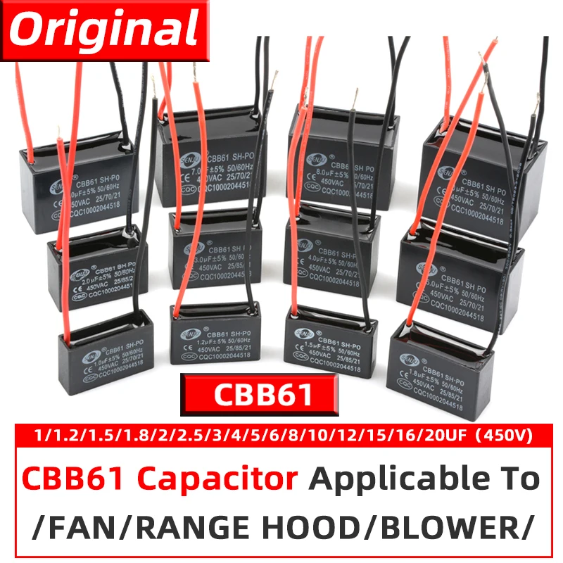 CBB61 Motor Start Capacitor 450V AC Fan Condenser 1/1.2/1.5/1.8/2/2.5/3/4/5/6/8/10UF