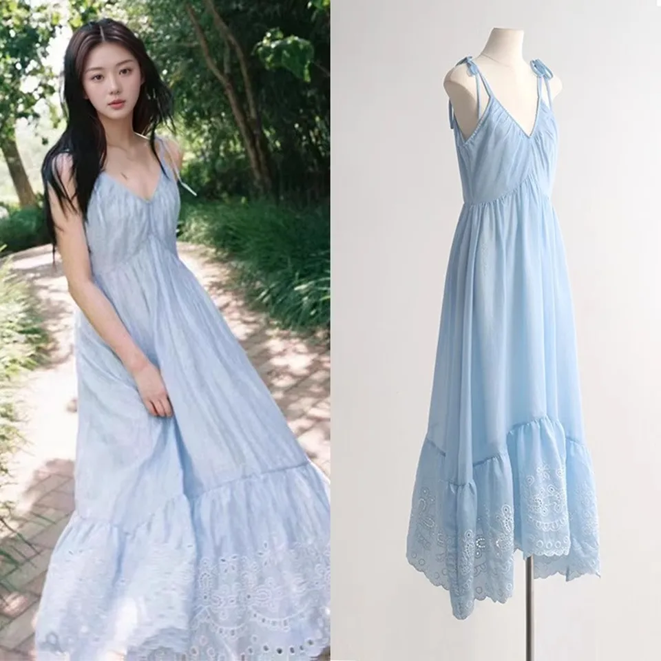 ライトブルー ノースリーブ フォーマルドレス 女性のボヘミアンライトブルーノースリーブドレス中空刺繍