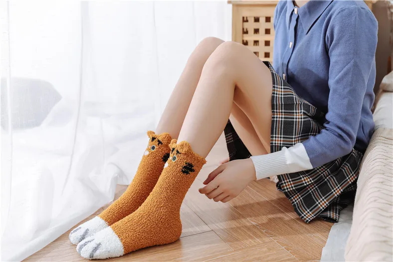 2 Paar Kawaii Cartoon Flauschige Socken Damen Katzenpfoten-Muster 3D-Socken Super Dicke Weiche Gemütliche Fleece-Socken für den Winter – Detail 19