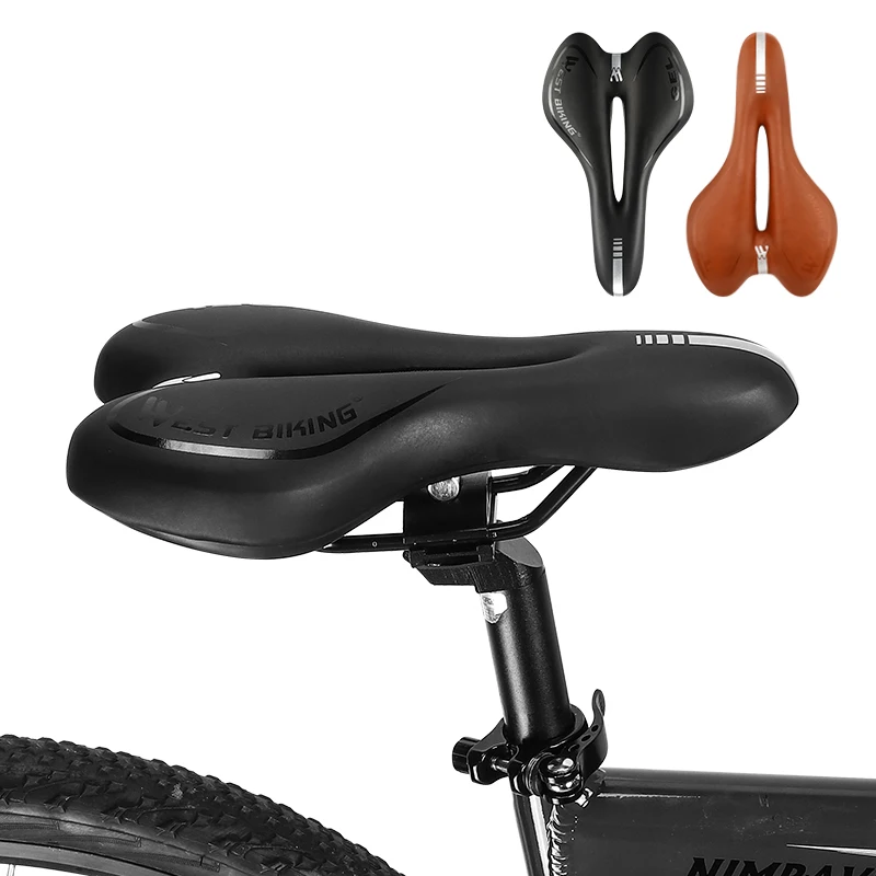 Selle Vélo West Biking Cuir – Creux, Noir/blanc, Confort VTT Course, 340g
