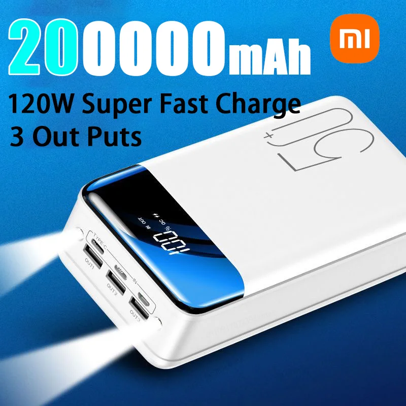Power Bank Xiaomi 200000mAh Wireless 120W Fast Charge Portable Three Outputs Large Capacity for iPhone Huawei Samsung