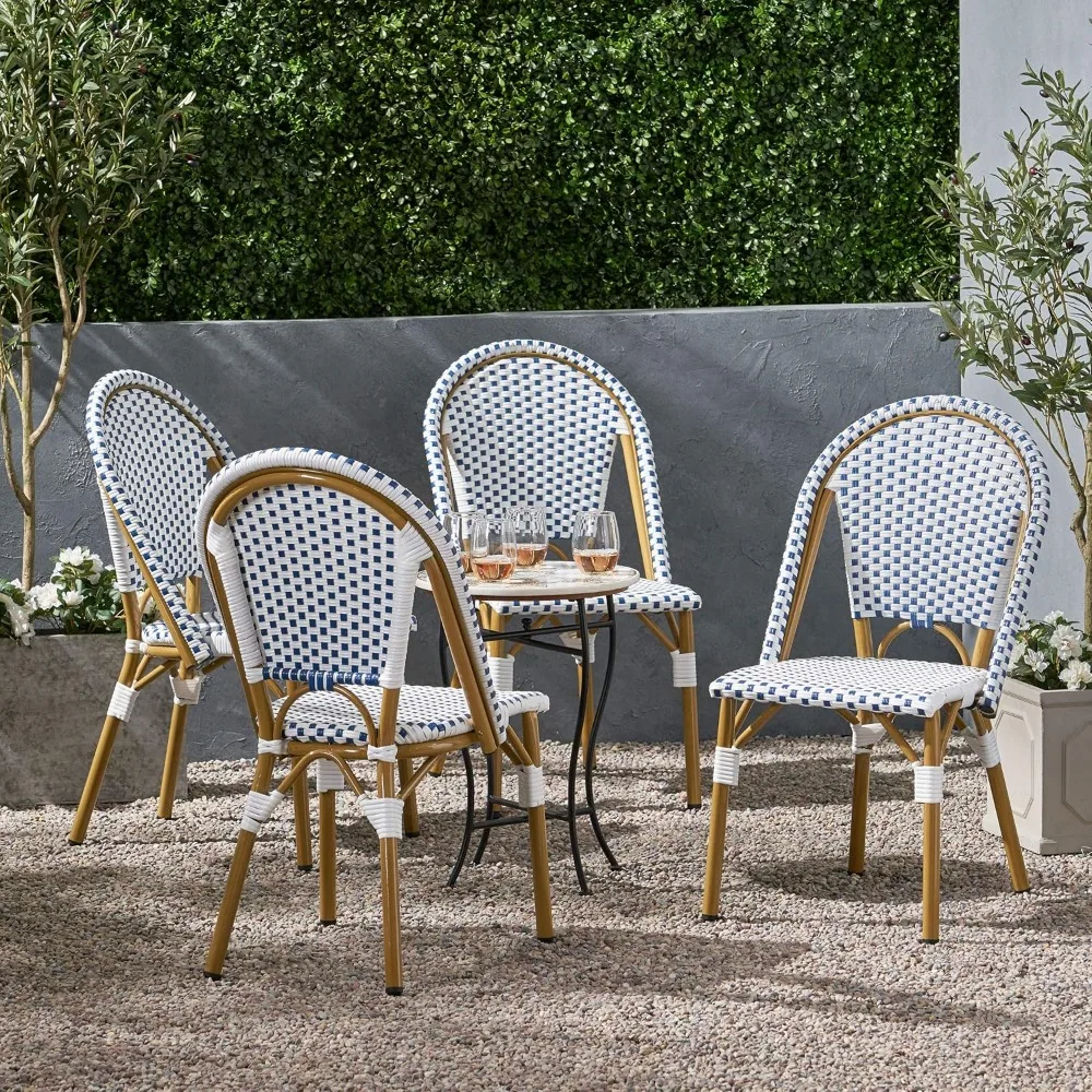 Philomena Outdoor French Bistro Chair (Set of 4), Blue + White + Bamboo Print Finish 2