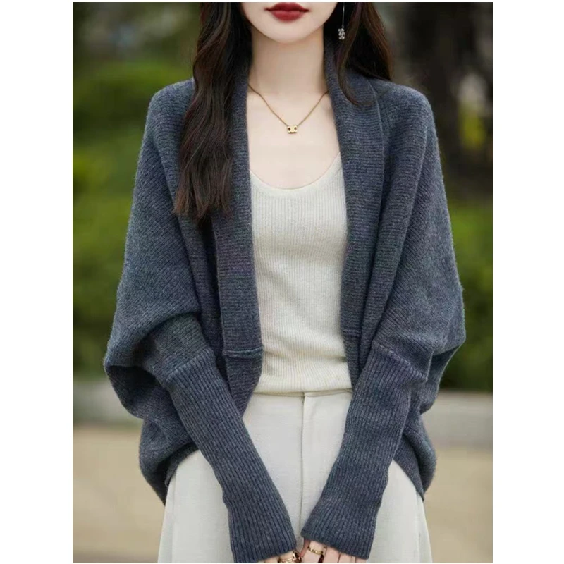 Autumn and Winter New Women's Cardigan Batman Solid Color Sweater Fashionable and Elegant Knitted Loose Cape Vintage Shawl Top